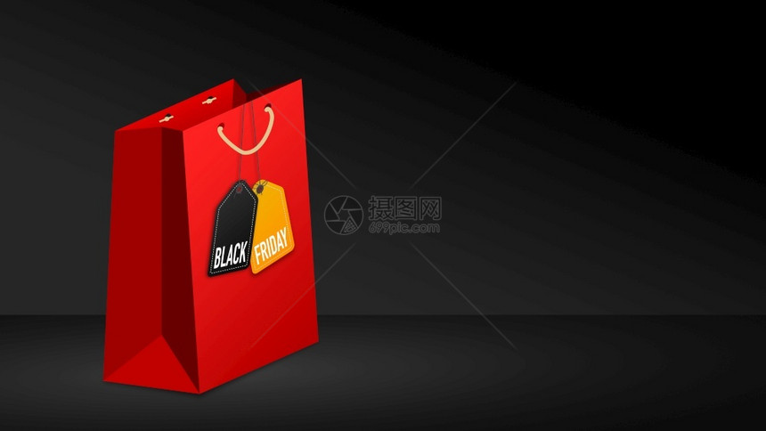 商业网络广告黑色背景的红购物袋和黑周日销售标签图片