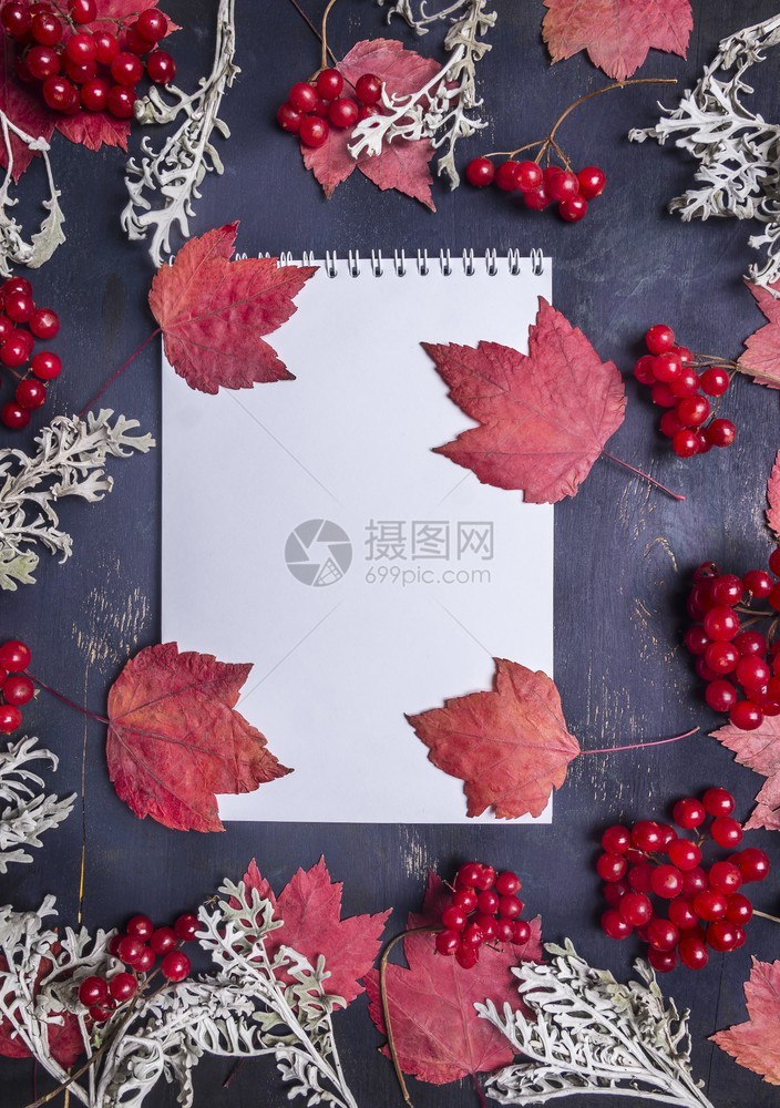 纸上面有秋叶的笔记本和秋叶周围还有木制生锈背景上的装饰品顶端视图关闭文字空间的枫图片