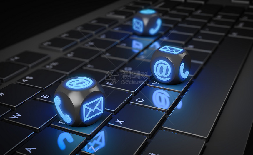 营销地址交流计算机键盘3D上带有电话邮件和信封图标的立体图片