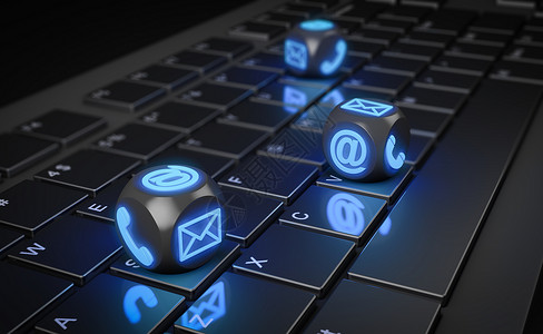 营销地址交流计算机键盘3D上带有电话邮件和信封图标的立体图片