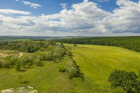 夏天土地无人驾驶飞机对美丽的青新绿色乡村和夏季的空中观察树木图片