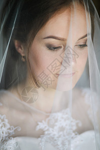美丽的年轻女孩在窗户旁边的婚礼装饰中摆姿势蕾丝面纱图片