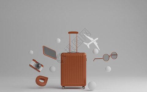 旅游灰色的手机携带飞太阳镜和相的行李绕过灰色背景旅行概念3d图片