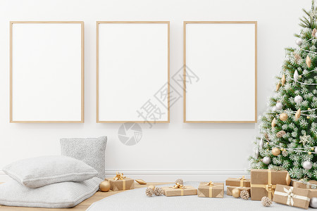 墙上装有空白相框和圣诞树装饰高清图片