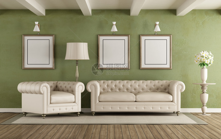 优质的建筑学灰泥绿白经典客厅配有优雅的沙发和扶手椅3d渲染图片