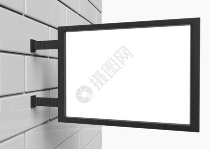 白砖黑色的3d使白方块大小的将标志板装上黑色挂在砖墙上并有剪切路径户外现代的设计图片