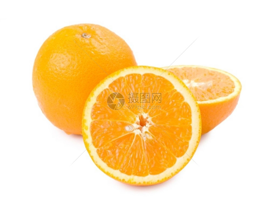 明亮的素食主义者可口白底孤立的柑橘橙果和切片图片
