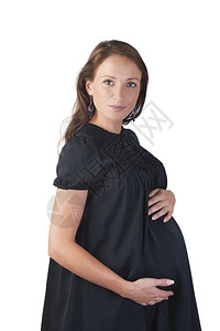 身穿黑色古老礼服的美丽孕妇在白色背景下被孤立年轻的产假女士图片