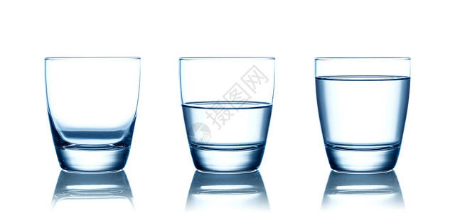 特色炸小排杯子比较空半水和满杯孤立在白色上新鲜的设计图片