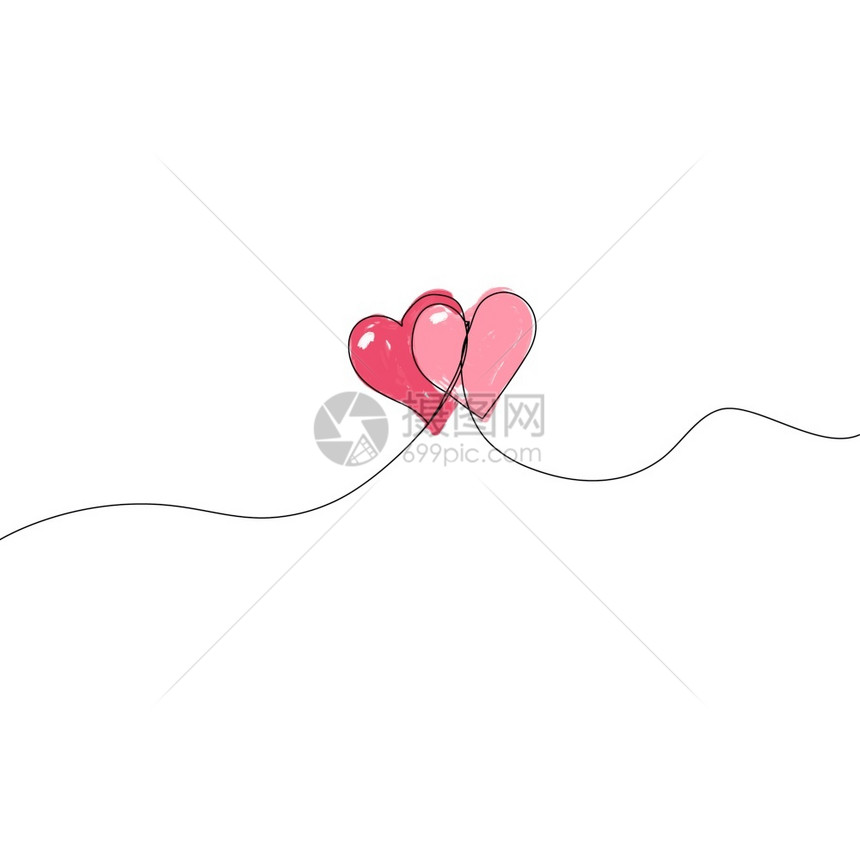 线象征黑色手画爱情符号在白色背景矢量插图上隔开一个可编辑的中风以最小化的持续风格绘制两个红心图片