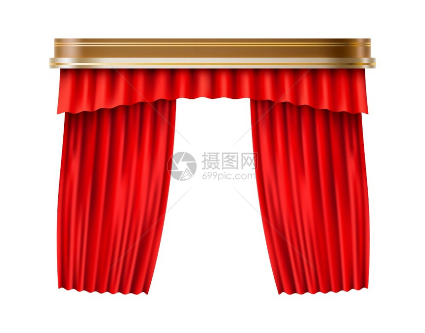 剧院公寓真实的红色窗帘覆盖在白色背景上孤立的奢华讽刺面织物现实的红色窗帘奢华的番面织物喜庆图片