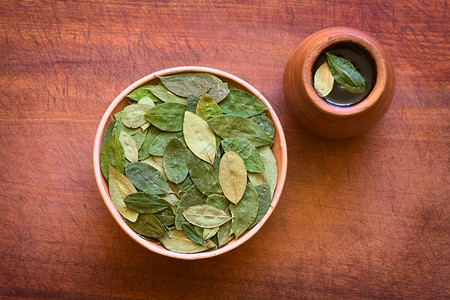 树叶美国人碗中干古柯叶的光照自然在木材上配有新鲜古柯茶伴用草本植物图片