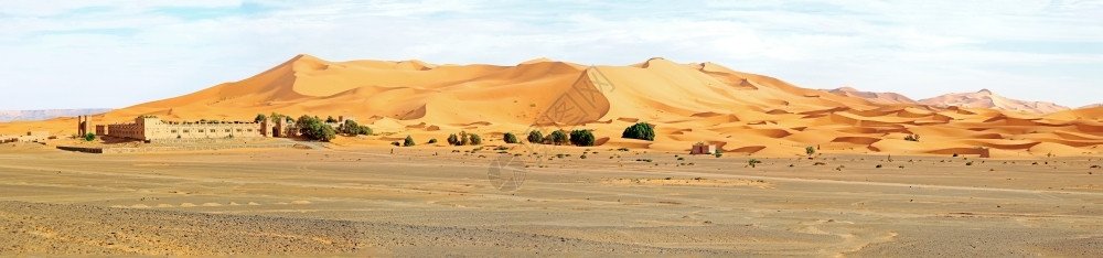 荒凉棕榈建筑的摩洛哥ErgChebbi沙漠的全景高清图片