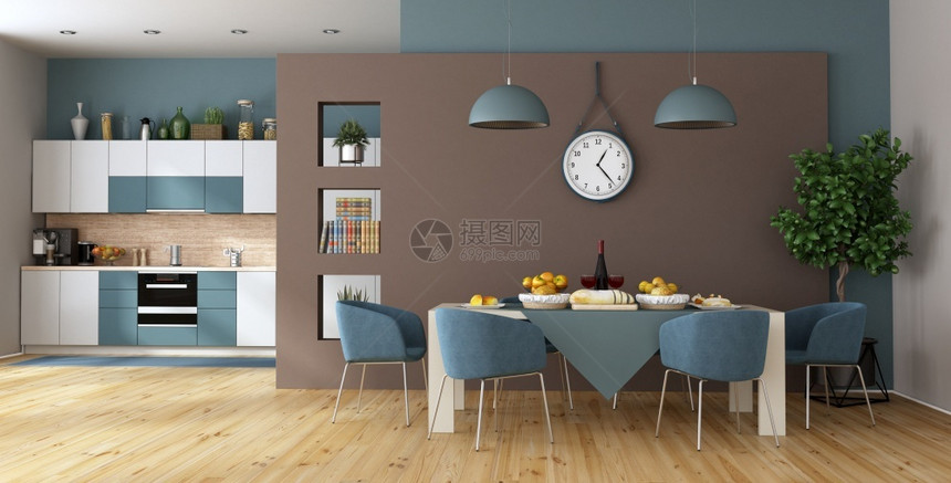 现代餐厅背景为桌和厨房3d渲染现代餐厅背景为厨房天花板食物植图片
