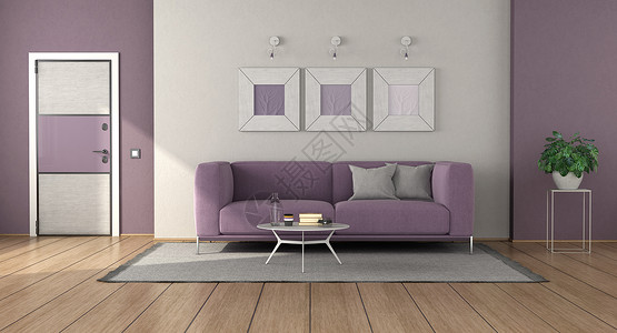 房间活的现代客厅地毯上有紫色沙发背面有前门3D制成白色和紫现代客厅渲染设计图片