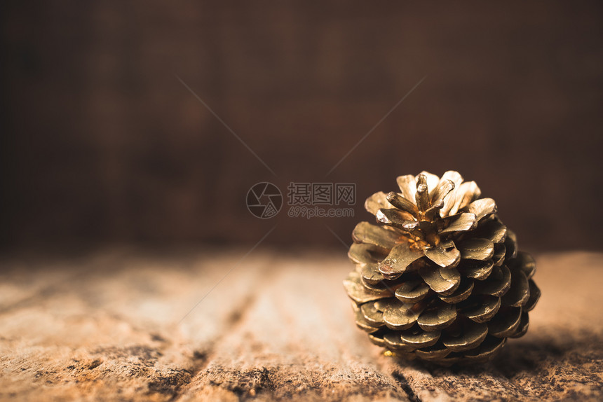 优质的圣诞快乐节日贺卡上的黑棕褐色木壁墙上金松果圆锥和深棕的木墙新十二月图片