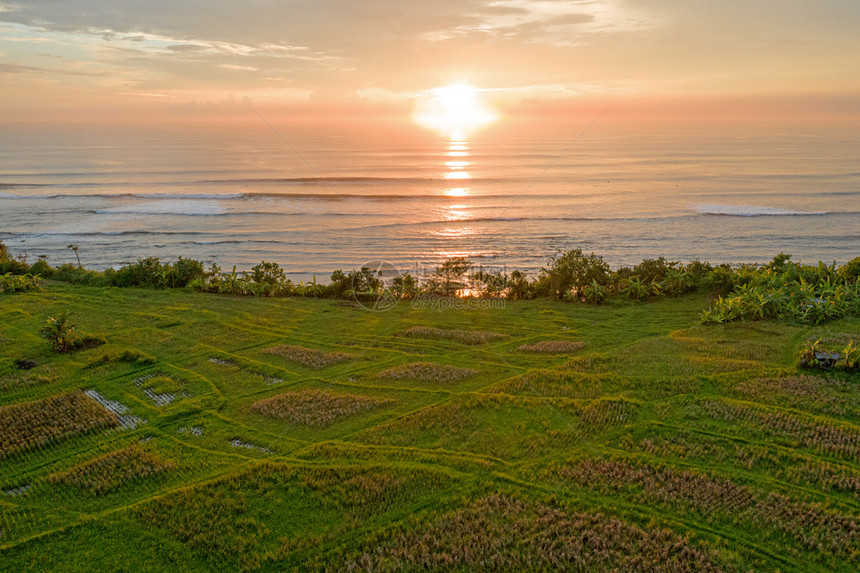 日落时从印度尼西亚巴厘岛海岸的有稻田和印度海洋的山堤风景地带出海天线暮无人机图片