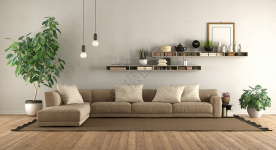 客厅挑空白色墙上有沙发和架子的现代客厅3D制成配沙发和架子的现代客厅居住装饰风格渲染设计图片