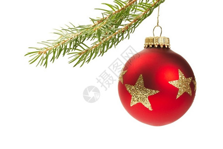 红色圣诞球挂在树枝上红色圣诞球挂在白背景上孤立的树枝庆祝玻璃新的图片