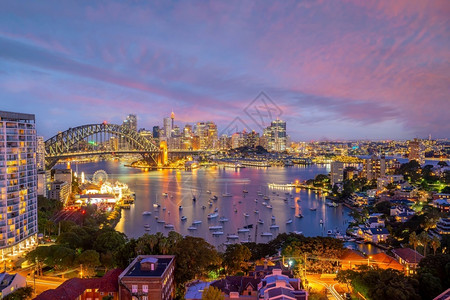 灯旅游日落时澳洲悉尼市下雪梨天线城风景观图片