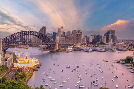 日落时澳洲悉尼市下雪梨天线城风景空旅行现代的图片