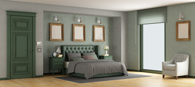 复古的绿色经典主卧室绿色经典主卧室有皮革双床3D灰色的经典图片