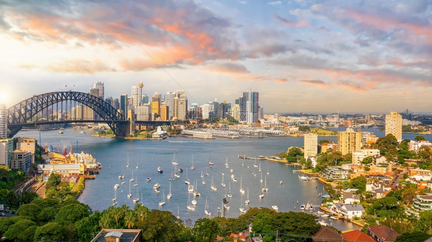 澳大利亚人灯发光的日落时澳洲悉尼市下雪梨天线城风景图片