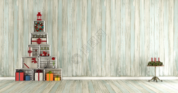 垃圾摇滚旧木房有圣诞树用木箱制成的板制品3D镶木地板白色的图片