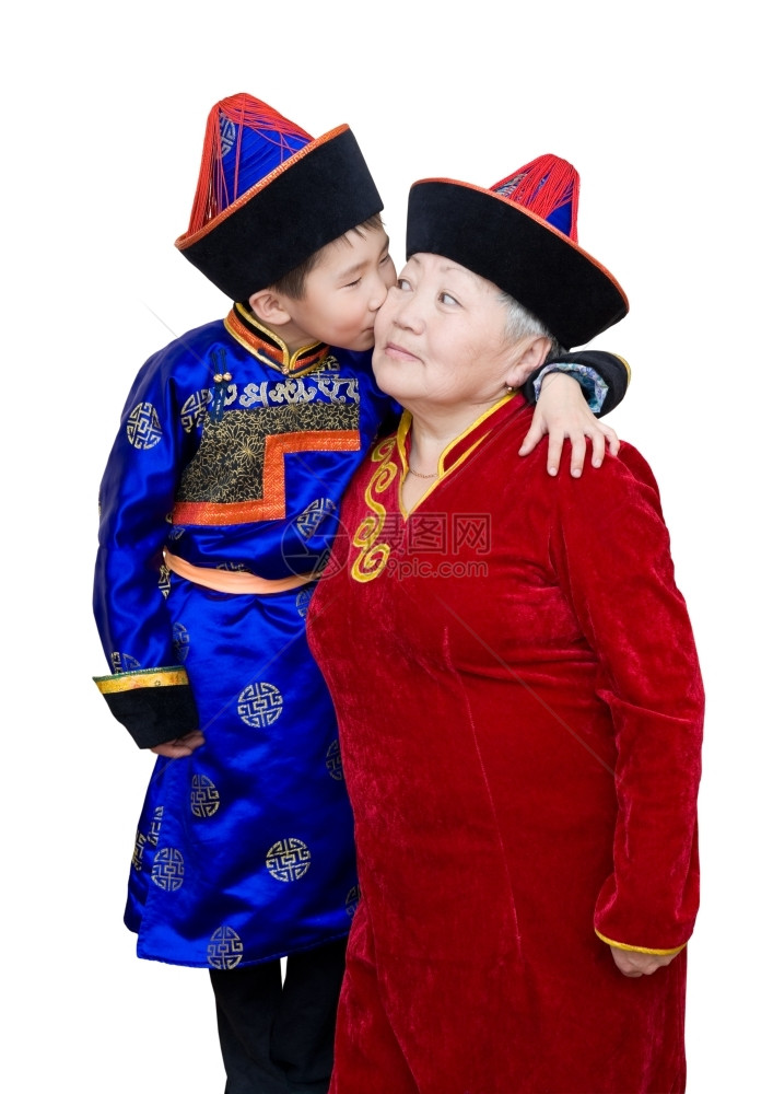 爱女士红色的蒙戈利亚祖母和孙子穿着国服图片