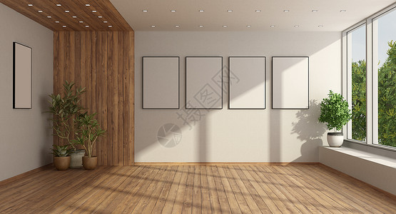 客厅挑空公寓空的最小客厅有大型窗户和哈伍德地板上的家庭种植3D为空的小型客厅有大窗户极简主义者居住设计图片