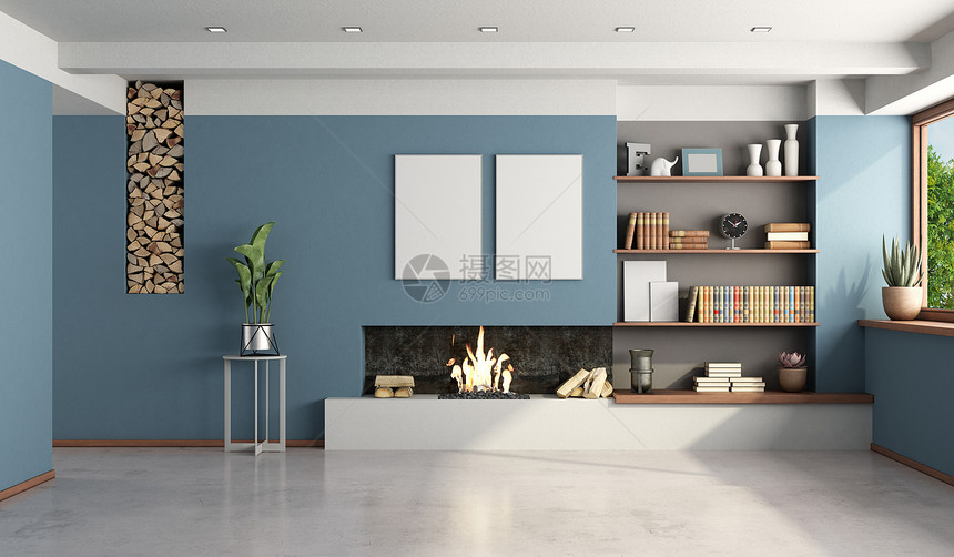 嘲笑蓝色起居室有没家具的现代壁炉3D使蓝色起居室与现代壁炉图书装饰风格图片