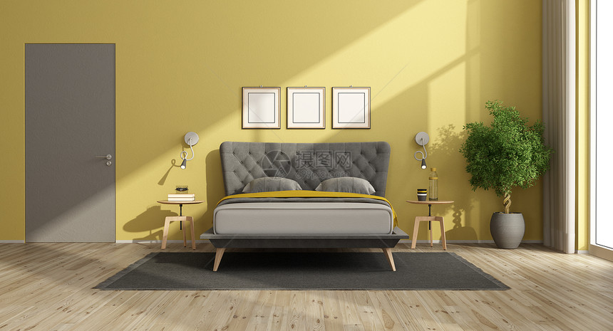 极简主义者现代卧室有黄色墙壁黑灰双床和关闭的门3D制成现代卧室有黄色墙和灰床优雅的现代图片
