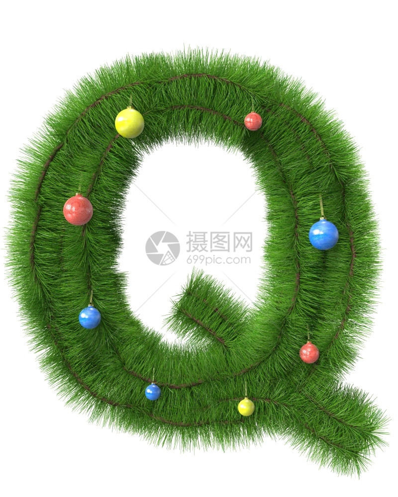 绿色装饰风格分支Q字母由白背景上隔绝的圣诞树枝组成图片