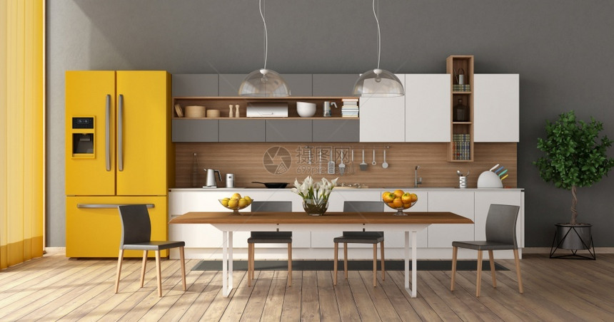 用餐现代白色和灰厨房配有餐桌和黄色冰箱3D配有餐桌的现代厨房极简主义者灰色的图片
