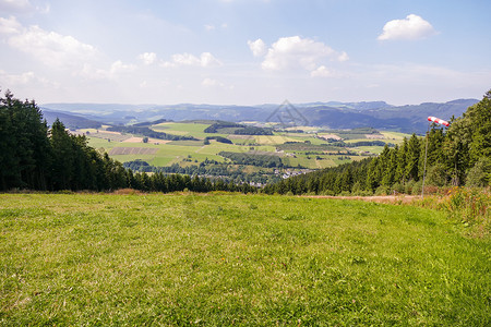 奥尔斯农业山全景观有草地和松树乡村的背景