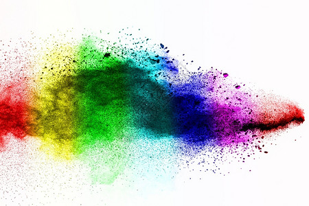 滑石粉推出有色飞溅白背景上孤立的彩色粉末爆炸设计图片