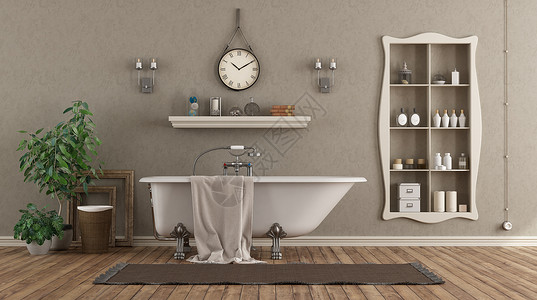 浴室垫复古的典洗手间有石脑墙浴缸和用物品搭配的缝隙3D制成用浴缸和物品搭配的旧洗手间地面框架设计图片