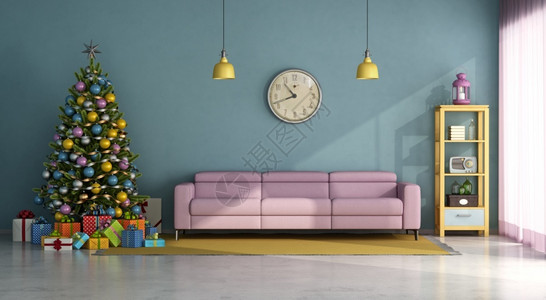 古尔多菲里假期古老式客厅有丰富多彩的Chrisma树Gifft和粉红色沙发3D在古代式客厅里等待圣诞节粉色的建筑学设计图片