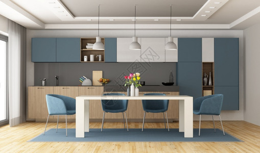 渲染桌子白色的和蓝现代厨房配有餐桌3D制成白色和蓝现代厨房图片