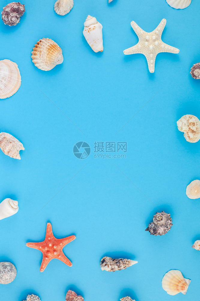空白的热带桌子海底蓝背景壳和星的顶层视图明信片以最起码的风格文本模板拟并复制空间一海贝壳和星在绿蓝背景上观看海雀和星用明信片制作图片