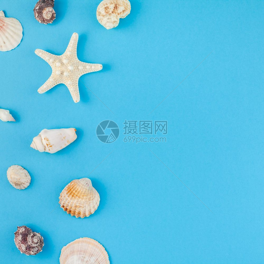 海滩最佳嘲笑底蓝背景壳和星的顶层视图明信片以最起码的风格文本模板拟并复制空间一海贝壳和星在绿蓝背景上观看海雀和星用明信片制作假并图片