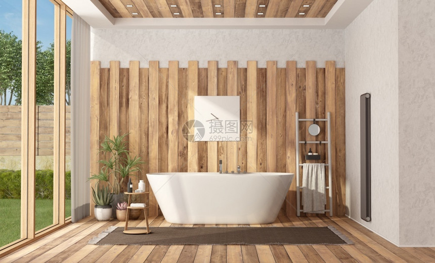 地毯窗户现代浴缸别墅的洗手间3D用浴缸做现代木制洗手间植物图片
