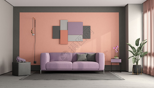 具有现代紫色沙发灯具和墙壁装饰板的多彩客厅3D以现代沙发为多彩客厅渲染家室内植物背景图片