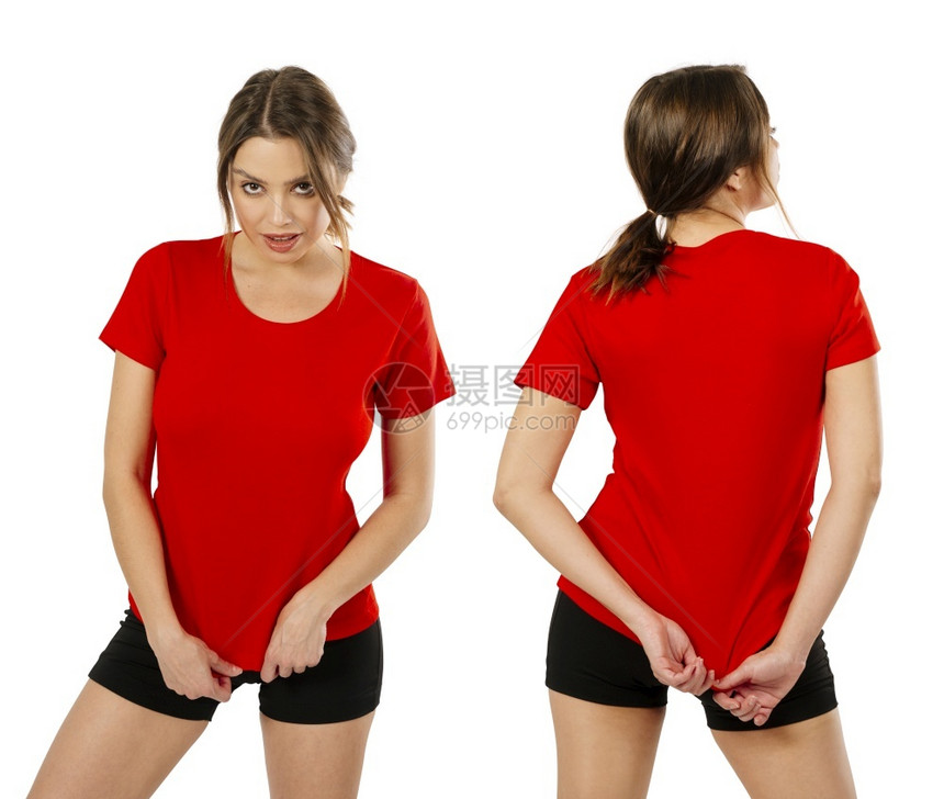 衣服年轻的一种照片来自位年轻美女身穿白红衬衫前后背准备设计或艺术作品图片