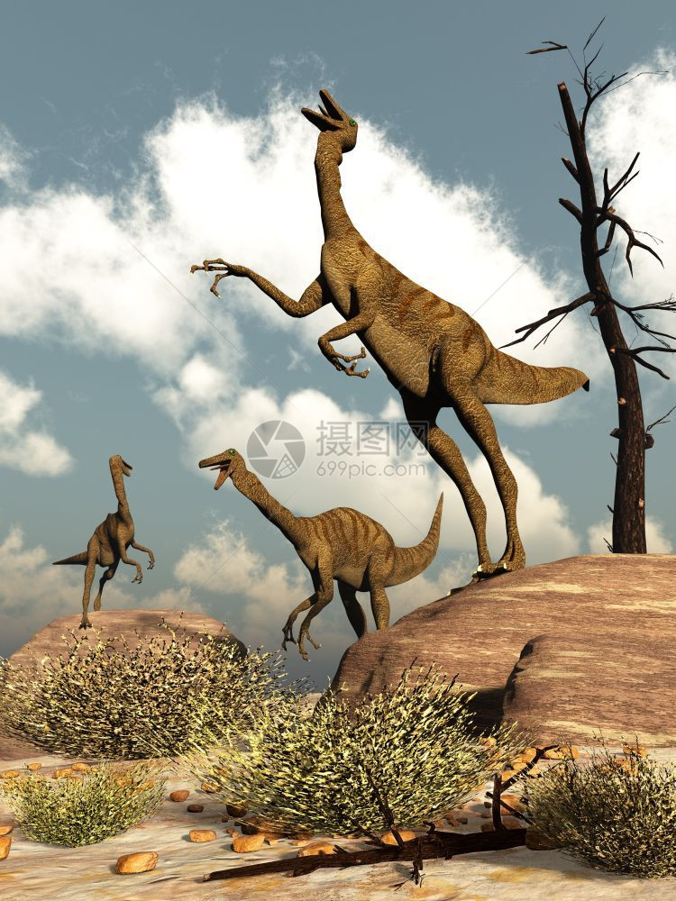 经过风景优美Gallimimus恐龙白天在沙漠中成群3D渲染Gallimimus恐龙渲染景观图片
