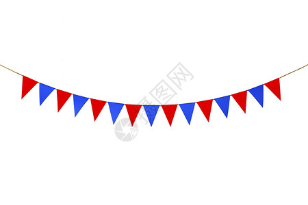 蓝色的彩旗白色的三角纸挂在绳子上白背景公平的庆祝插画