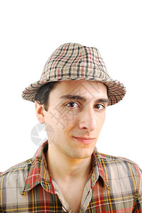 传统的白色衬衫乡下英俊年轻农夫戴着白底帽穿色子图片