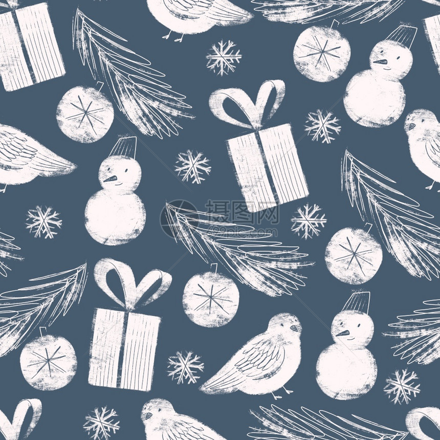季节纺织品壁纸包装网络背景和其他模式填补了无缝的格局圣诞符号是雪人fir树枝有球礼品盒绘画为了图片