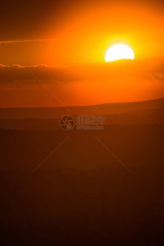 太阳的橙色圆盘日落时沉入地平线场景松树阳光图片