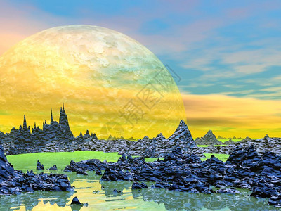 黄色景观岩石山脉水和行星天空艺术品云图片